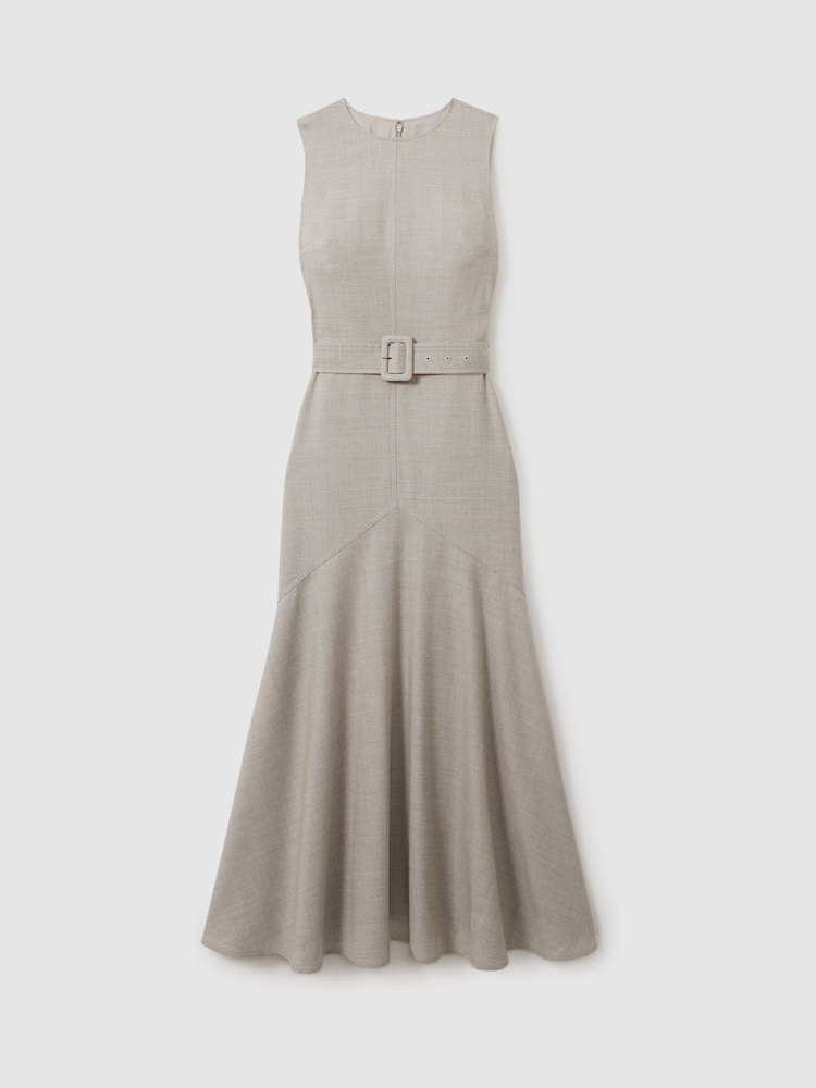 Reiss Grey Danni Belted Flared Midi Dress - Image 2 of 6