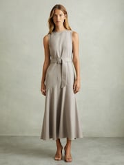 Reiss Grey Danni Belted Flared Midi Dress - Image 3 of 6