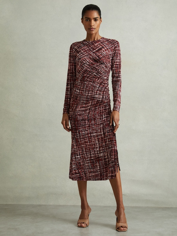 Reiss Red Riyo Printed Ruched Midi Dress - Image 1 of 5