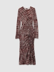 Reiss Red Riyo Printed Ruched Midi Dress - Image 2 of 5