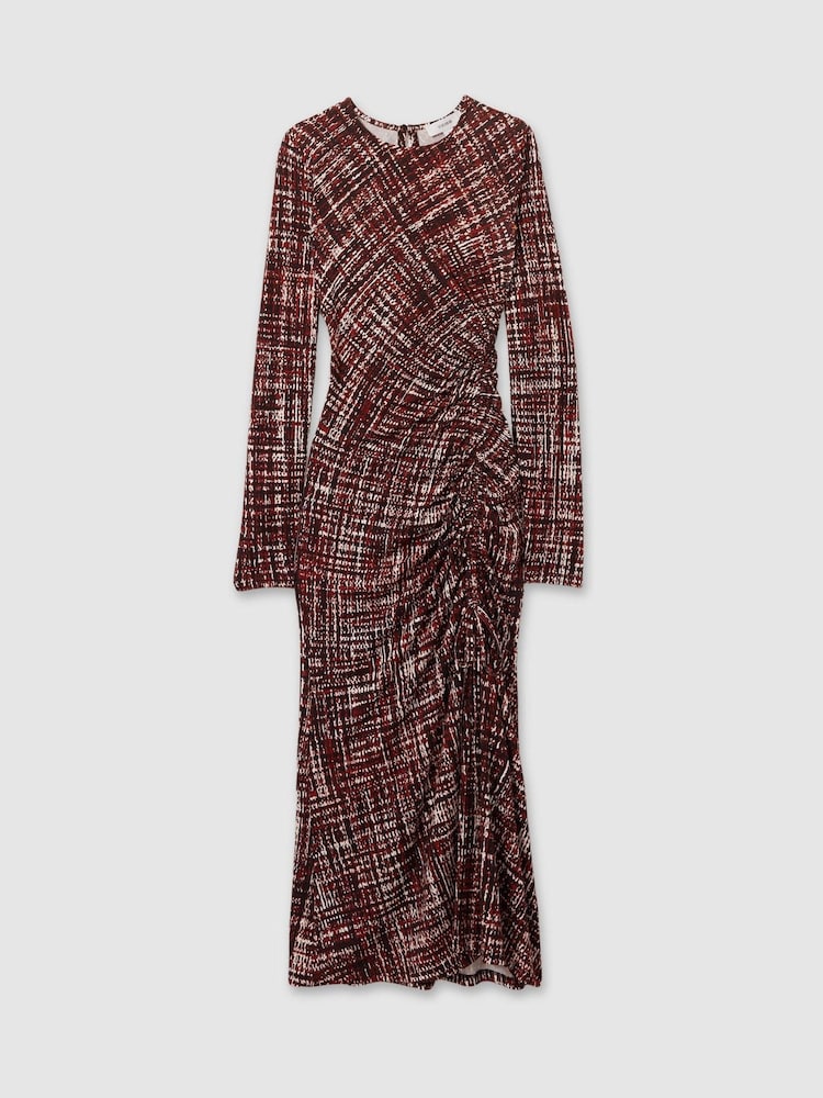Reiss Red Riyo Printed Ruched Midi Dress - Image 2 of 5