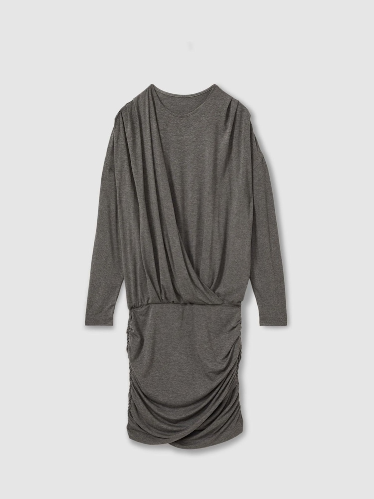 Reiss Grey Xia Jersey Ruched Blouson Sleeve Mini Dress - Image 2 of 5
