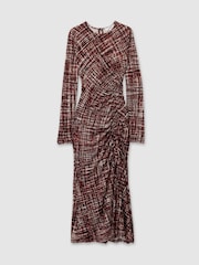Reiss Red Riyo Petite Printed Ruched Midi Dress - Image 2 of 7