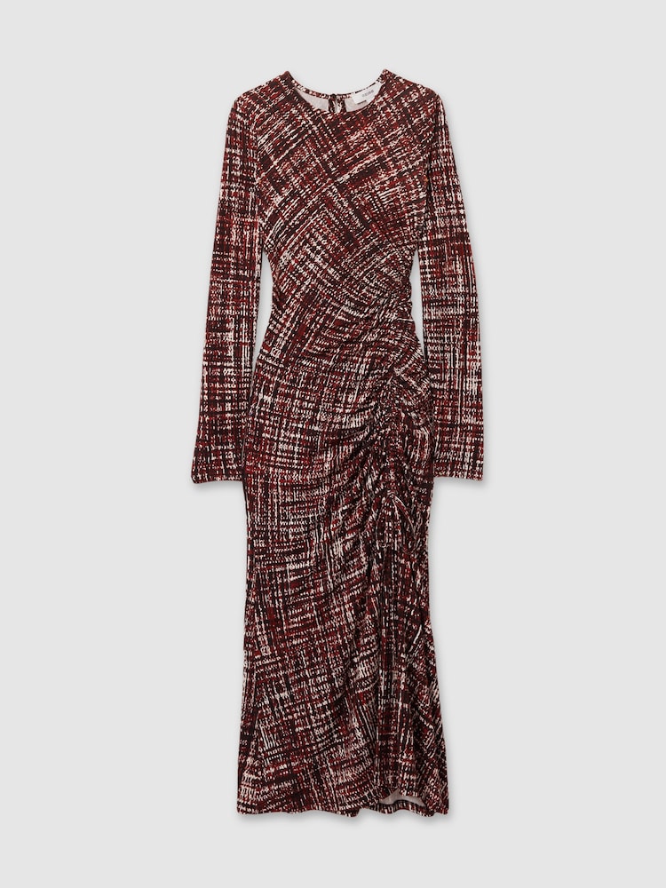 Reiss Red Riyo Petite Printed Ruched Midi Dress - Image 2 of 7