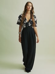 Florere Frill Sleeve Wide Leg Black Jumpsuit - Image 1 of 7