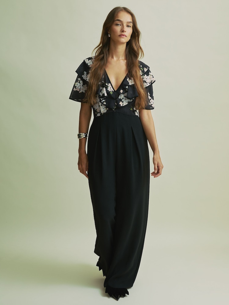 Florere Frill Sleeve Wide Leg Black Jumpsuit - Image 1 of 7