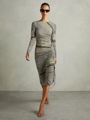 Reiss Black/Olive Riyo Printed Ruched Midi Dress - Image 1 of 7