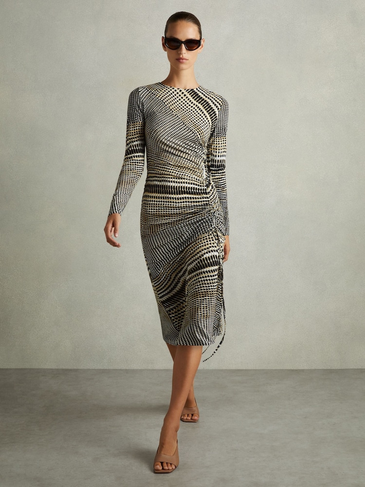 Reiss Black/Olive Riyo Printed Ruched Midi Dress - Image 1 of 7
