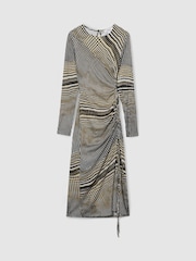 Reiss Black/Olive Riyo Printed Ruched Midi Dress - Image 2 of 7