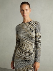 Reiss Black/Olive Riyo Printed Ruched Midi Dress - Image 3 of 7