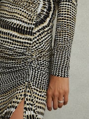 Reiss Black/Olive Riyo Printed Ruched Midi Dress - Image 4 of 7