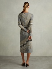Reiss Black/Olive Riyo Printed Ruched Midi Dress - Image 5 of 7