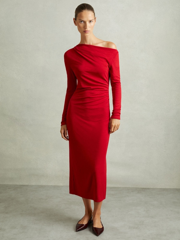 Reiss Red Becky Off-The-Shoulder Jersey Midi Dress - Image 3 of 6