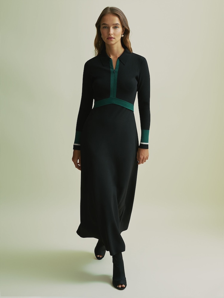 Florere Hybrid Knit Zip-Front Midi Black Dress - Image 1 of 6 Florere Hybrid Knit Zip-Front Midi Black Dress - Image 1 of 6
