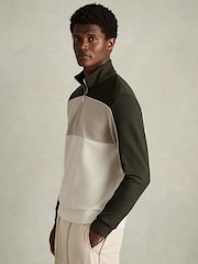 Reiss Forest Green/Off White Katoon Interlock Colour-Block Half-Zip Sweatshirt - Image 1 of 6