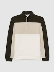 Reiss Forest Green/Off White Katoon Interlock Colour-Block Half-Zip Sweatshirt - Image 2 of 6