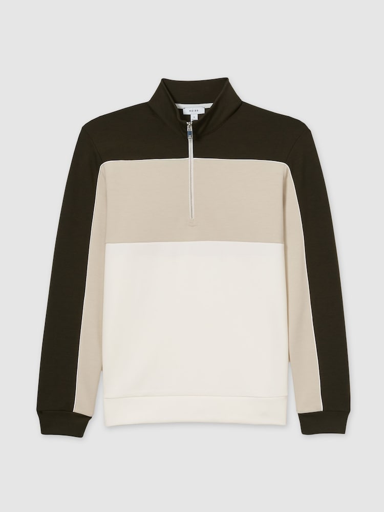 Reiss Forest Green/Off White Katoon Interlock Colour-Block Half-Zip Sweatshirt - Image 2 of 6