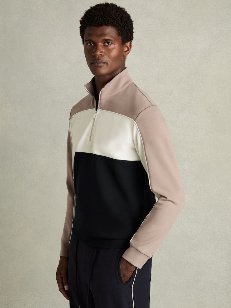Reiss Navy/Taupe Katoon Interlock Colour-Block Half-Zip Sweatshirt - Image 1 of 6