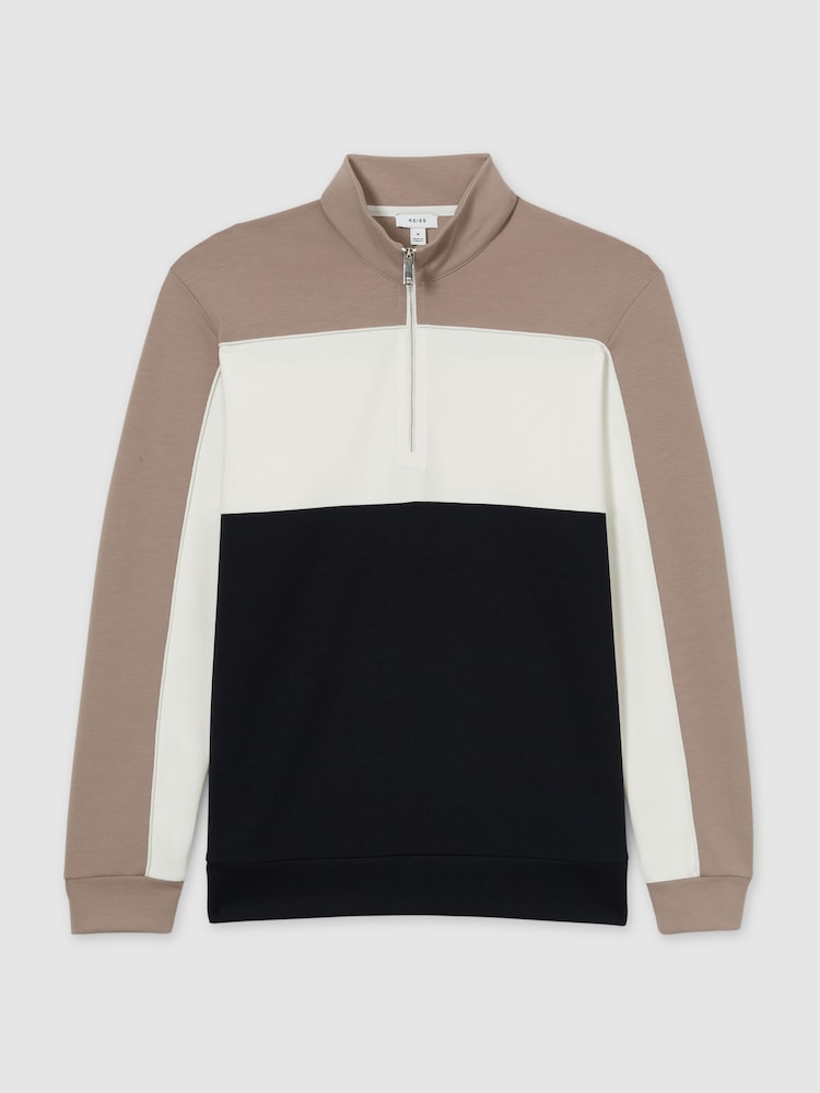 Reiss Navy/Taupe Katoon Interlock Colour-Block Half-Zip Sweatshirt - Image 2 of 6