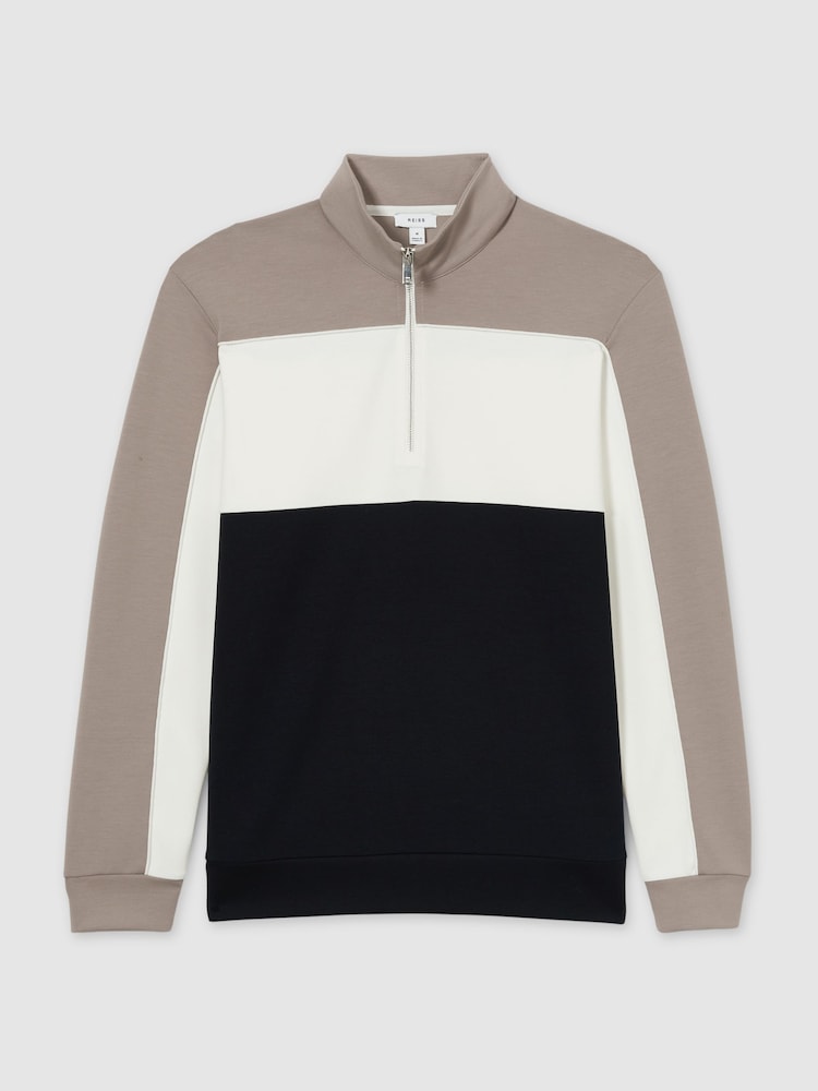 Reiss Navy/Taupe Katoon Interlock Colour-Block Half-Zip Sweatshirt - Image 2 of 6 Reiss Navy/Taupe Katoon Interlock Colour-Block Half-Zip Sweatshirt - Image 2 of 6