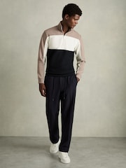 Reiss Navy/Taupe Katoon Interlock Colour-Block Half-Zip Sweatshirt - Image 3 of 6