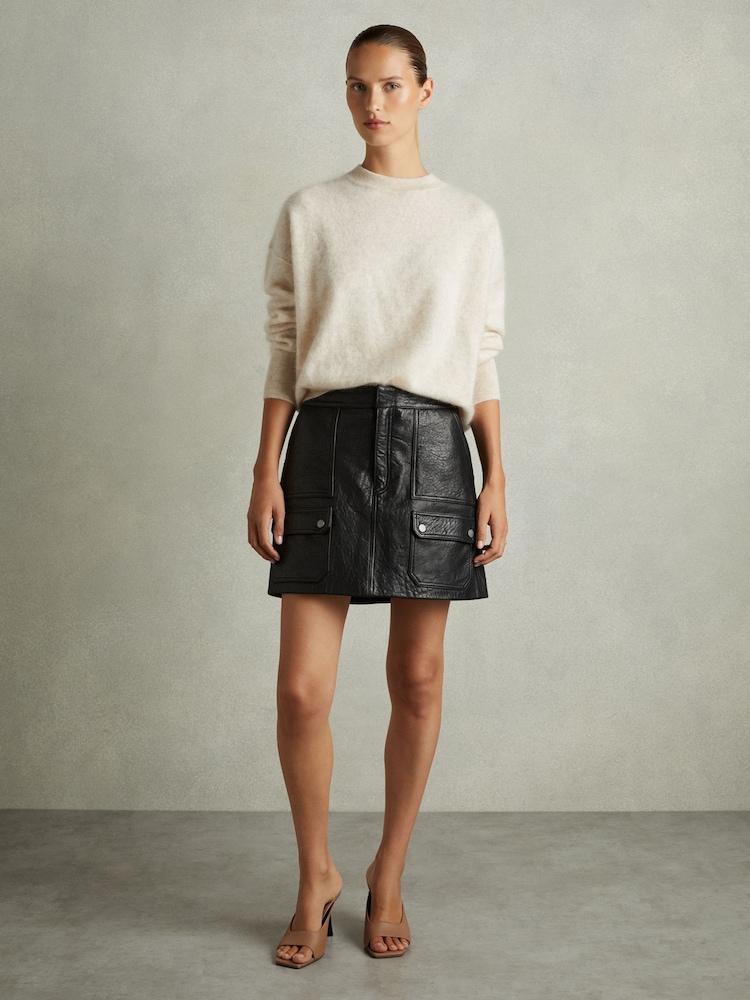 Reiss Black Parker Grained-Leather High-Rise Mini Skirt - Image 1 of 6