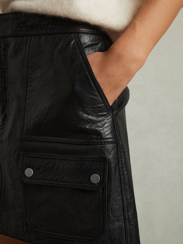 Reiss Black Parker Grained-Leather High-Rise Mini Skirt - Image 4 of 6