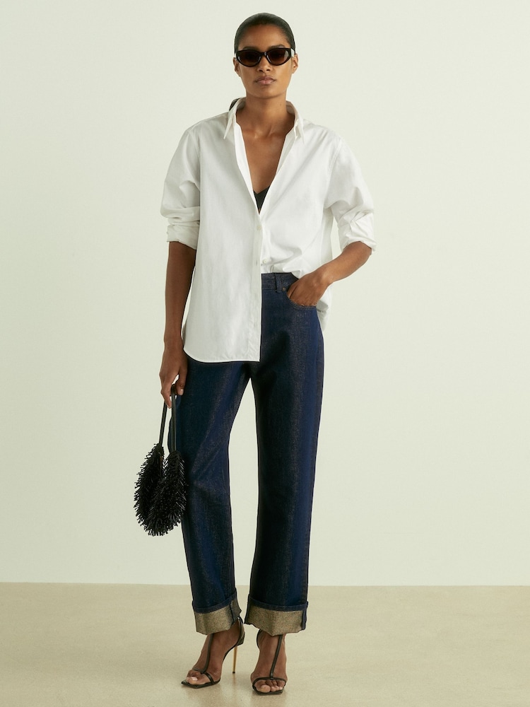 Reiss Indigo Rudi Slim-Leg Metallic-Thread Turn-Up Jeans - Image 1 of 7
