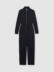 Reiss Navy Nina Belted Loopback-Jersey Jumpsuit - Image 2 of 6