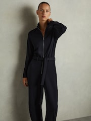 Reiss Navy Nina Belted Loopback-Jersey Jumpsuit - Image 3 of 6