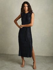 Reiss Navy Jules Pleated Column Midi Dress - Image 1 of 6