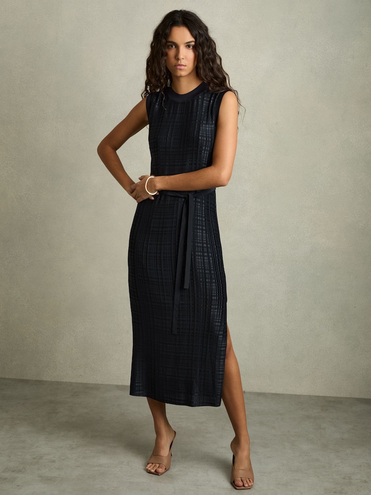 Reiss Navy Jules Pleated Column Midi Dress - Image 1 of 6