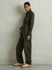 Reiss Khaki Nina Belted Loopback-Jersey Jumpsuit - Image 1 of 6