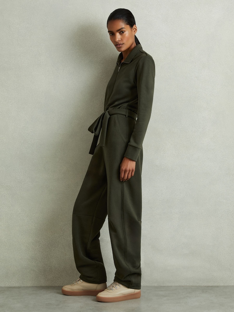 Reiss Khaki Nina Belted Loopback-Jersey Jumpsuit - Image 1 of 6