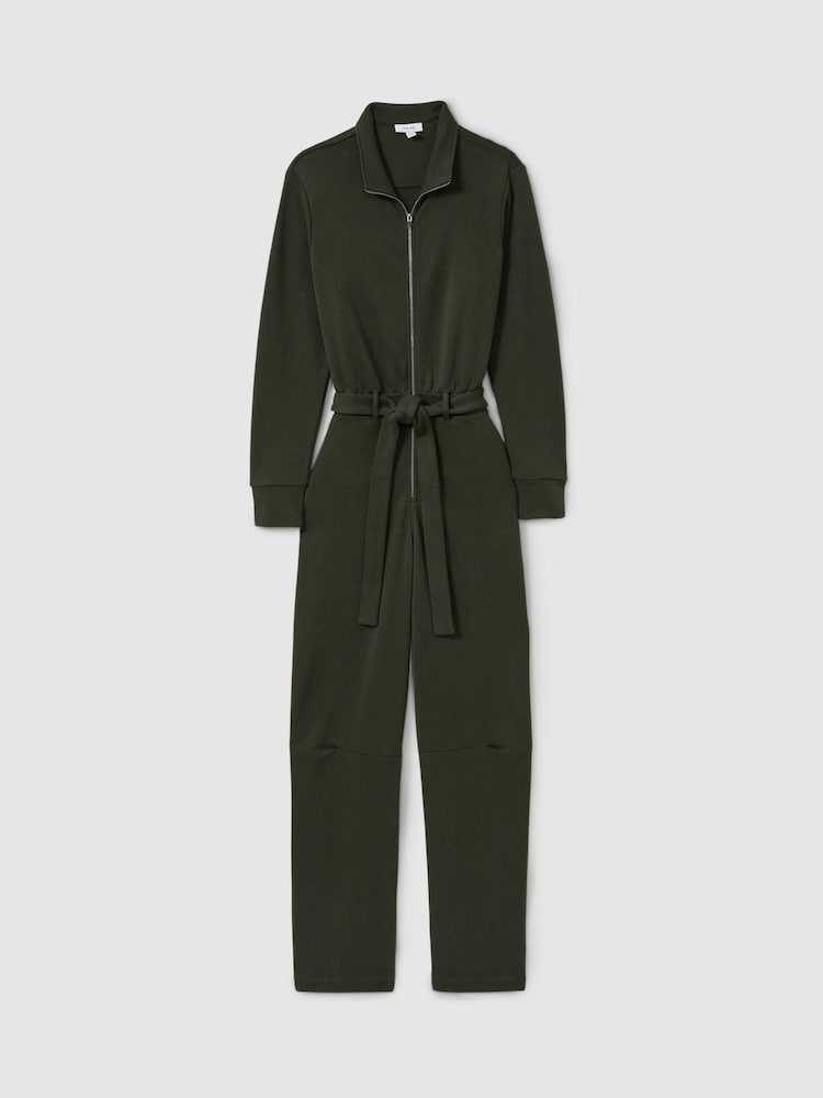 Reiss Khaki Nina Belted Loopback-Jersey Jumpsuit - Image 2 of 6