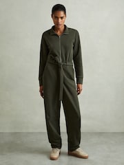 Reiss Khaki Nina Belted Loopback-Jersey Jumpsuit - Image 3 of 6
