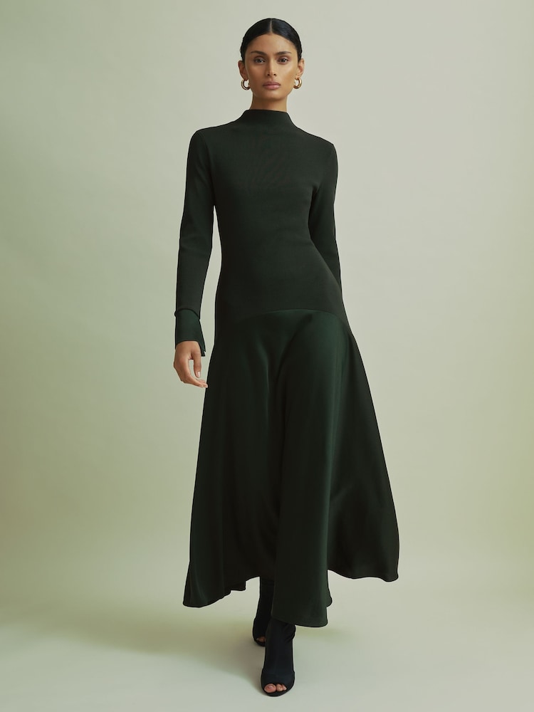 Темно-зеленый - Florere Hybrid Knit-Satin Midi Dress - Image 1 of 7