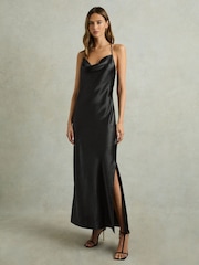 Reiss Charcoal Paisley Satin Cowl-Neck Slip Dress - Image 1 of 5