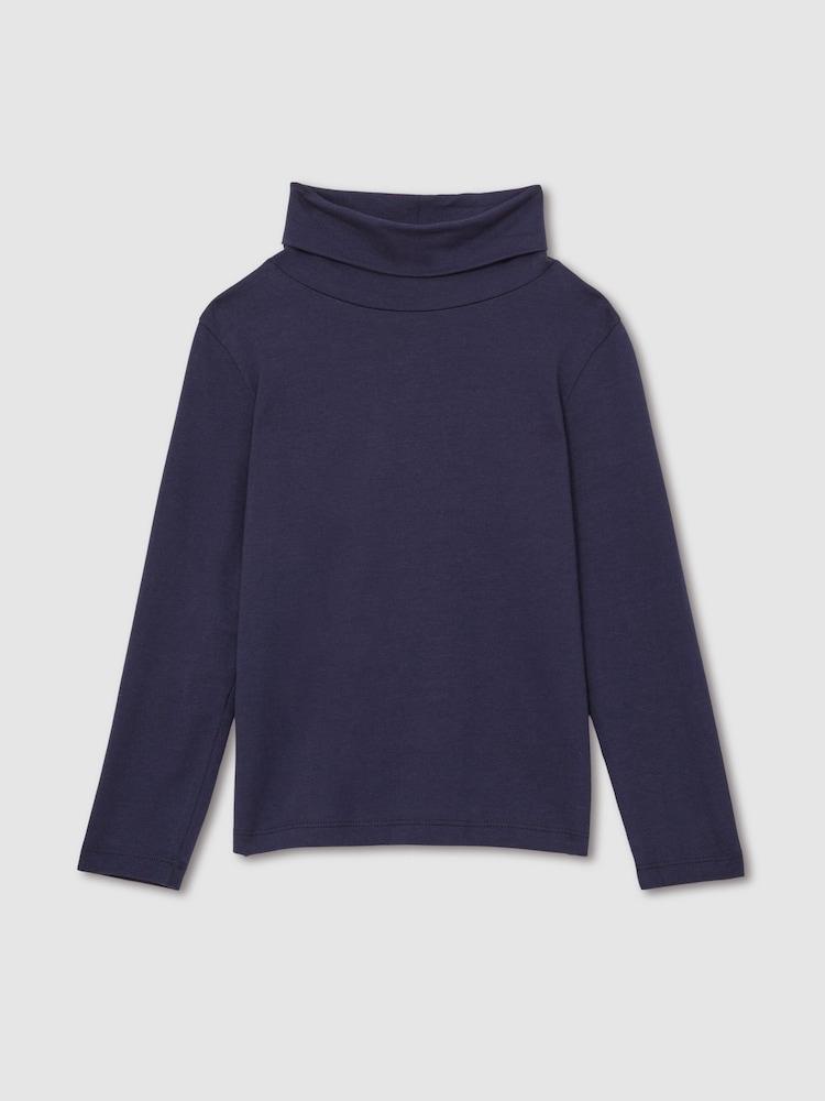 Reiss Navy Carey 13-14 yrs Cotton-Jersey Roll-Neck Top with Stretch - Image 1 of 4