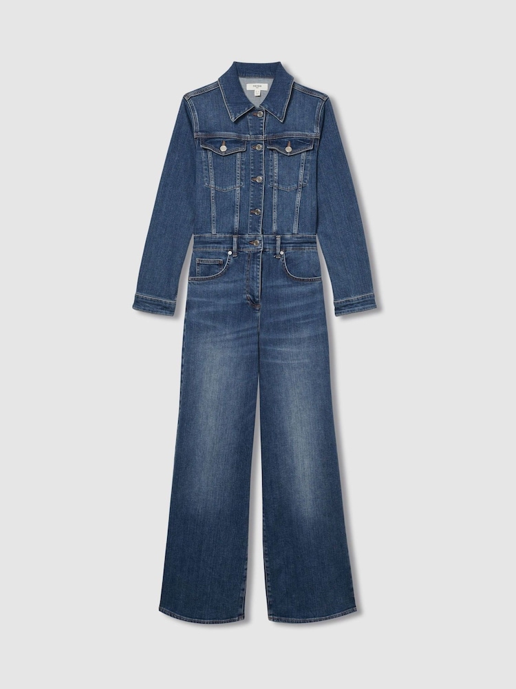 Reiss Mid Blue Celeste Cotton-Blend Denim Relaxed-Fit Jumpsuit - Image 2 of 7