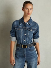 Reiss Mid Blue Celeste Cotton-Blend Denim Relaxed-Fit Jumpsuit - Image 4 of 7