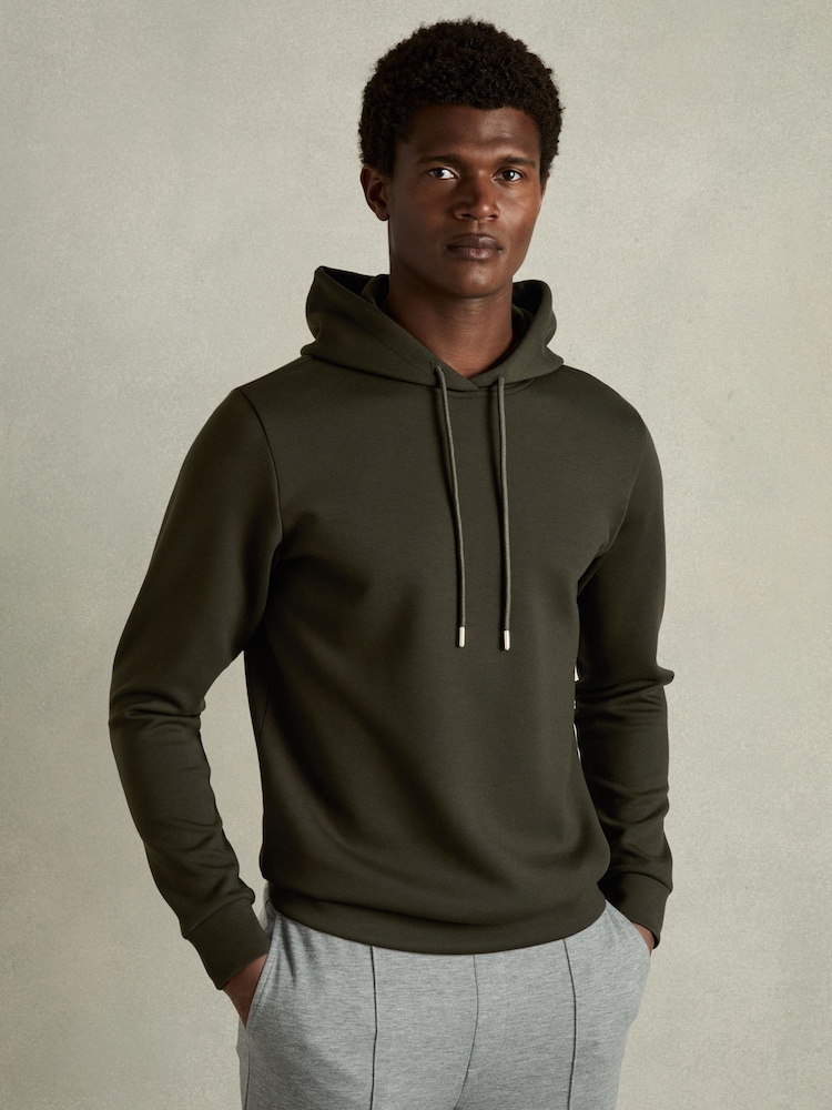 Reiss Forest Green Fabien Interlock Jersey Drawstring Hoodie - Image 1 of 7