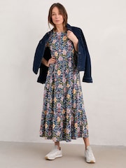 Seasalt Cornwall Blue Line Strokes Tiered Jersey Dress - Image 1 of 9