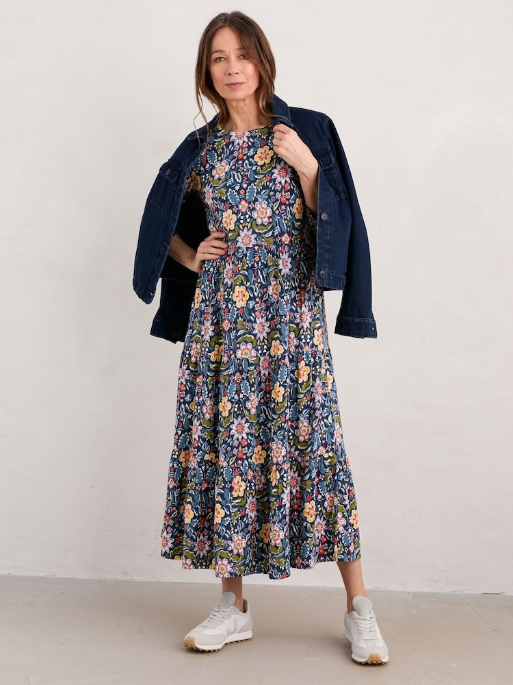 Seasalt Cornwall Blue Line Strokes Tiered Jersey Dress - Image 1 of 9