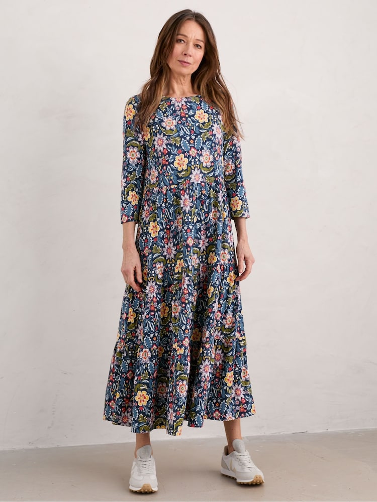 Seasalt Cornwall Blue Line Strokes Tiered Jersey Dress - Image 2 of 9