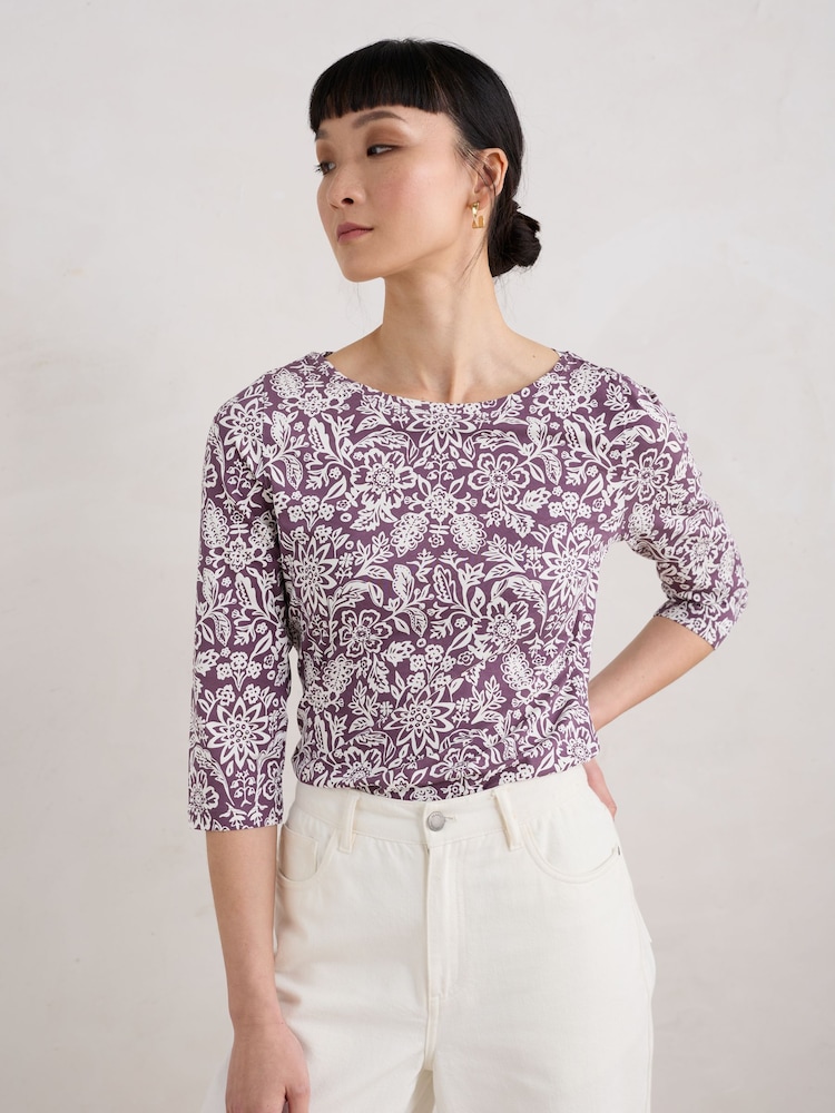 Seasalt Cornwall Purple Easel 3/4 Sleeve Top - Image 1 of 5