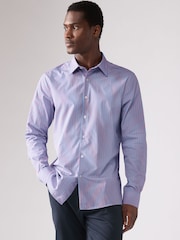 Light Blue/Coral Pink Slim Fit Single Cuff Long Sleeve 100% Cotton Striped Shirt - Image 1 of 8