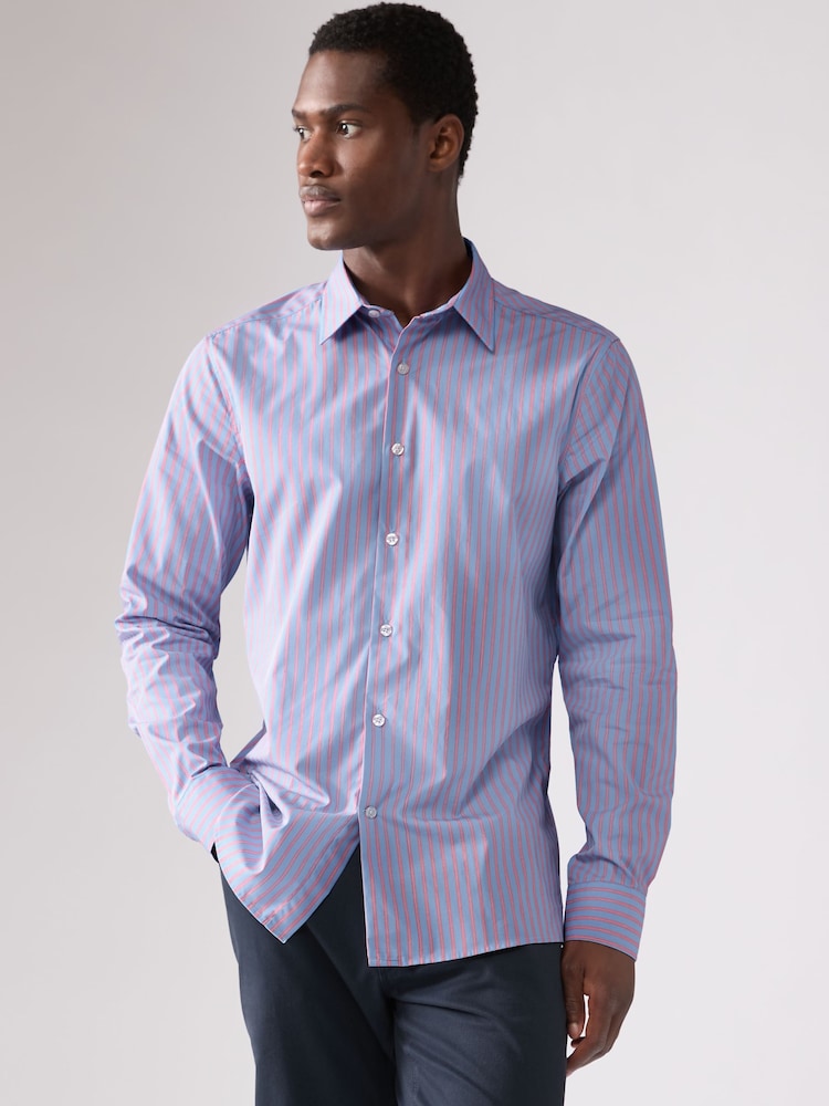 Light Blue/Coral Pink Slim Fit Single Cuff Long Sleeve 100% Cotton Striped Shirt - Image 1 of 8