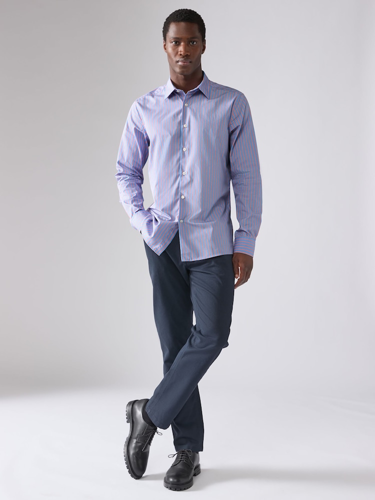 Light Blue/Coral Pink Slim Fit Single Cuff Long Sleeve 100% Cotton Striped Shirt - Image 2 of 8