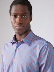 Light Blue/Coral Pink Slim Fit Single Cuff Long Sleeve 100% Cotton Striped Shirt - Image 4 of 8